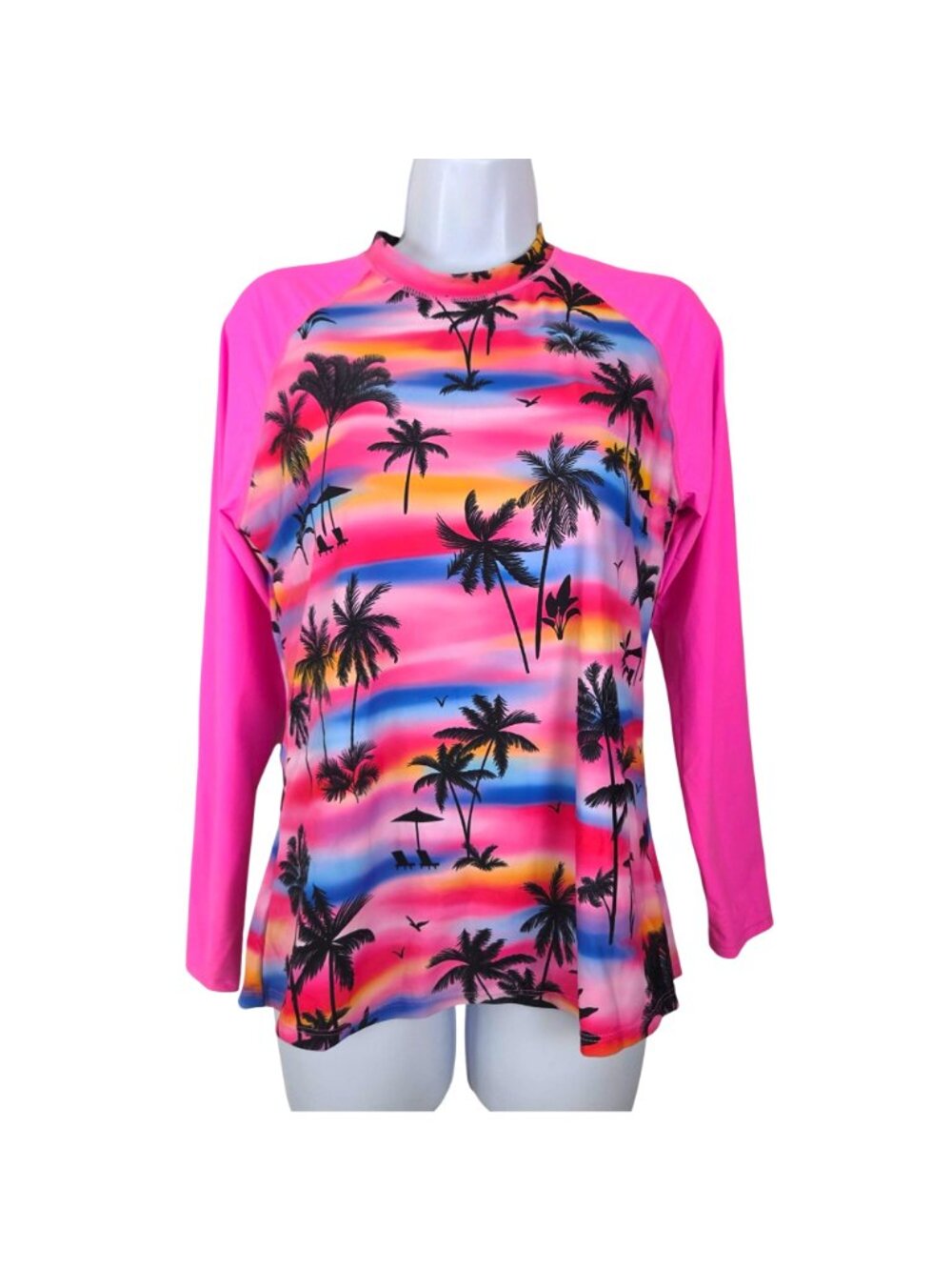 Women’s Large 2 Pc Swimsuit Long Sleeve Rash Guard Shirt Boy Shorts Tropical - Picture 4 of 11